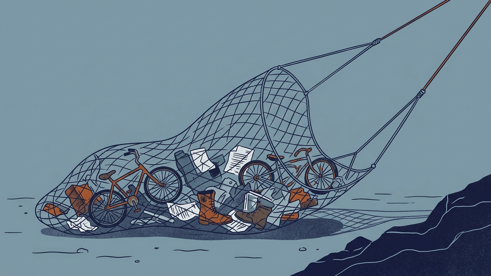 A high-tech trawling net catching rusted boots and bicycles instead of fish.